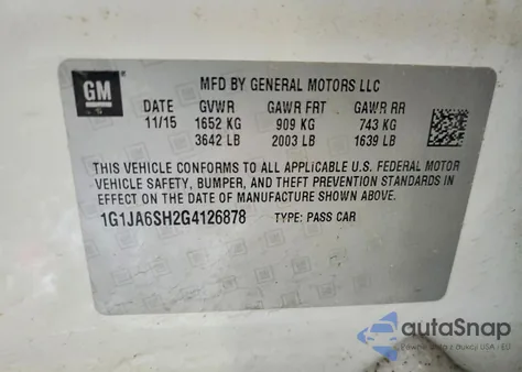 2016 Chevrolet Sonic Ls z USA, uszkodzony, nr VIN 1G1JA6SH2G4126878